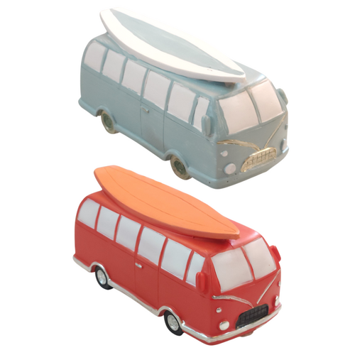 2x Combi Van Money Boxes Set With Surfboard Blue & Red 17cm Resin