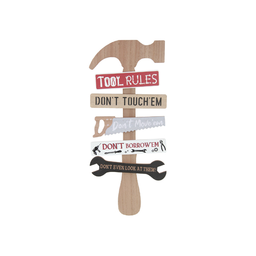 Dads Tool Rules Sign Wooden Wall Art in Hammer Shape 50cm 1pce