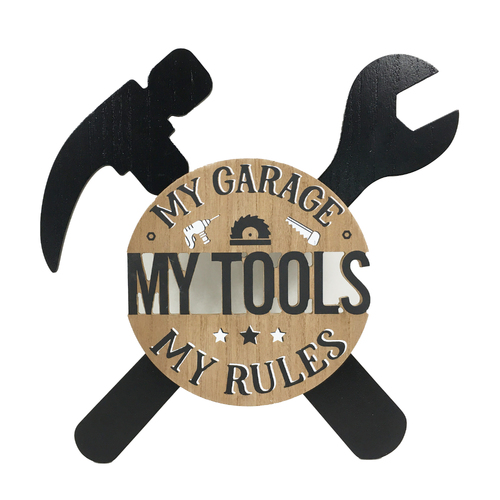 Garage Workshop Rules Sign Dads Wall Art Wooden Black & Natural 35cm 1pce