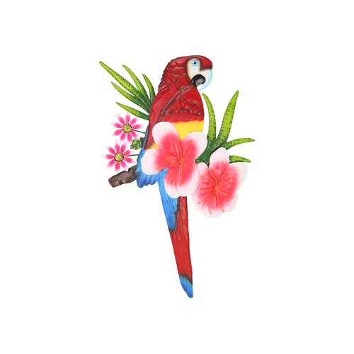 Red Parrot Bird Metal Wall Art with Floral Design 55cm 1pce