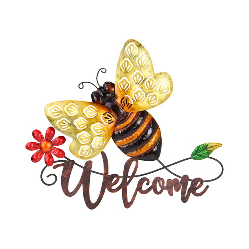 35cm Bee Metal Wall Art Sign Welcome 1pce Gold Tones