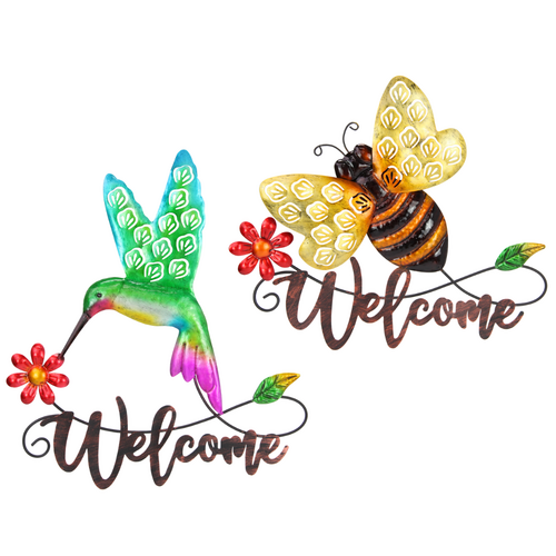 2x Welcome Signs Metal Wall Arts 35cm Gold Tones Bee & Hummingbird