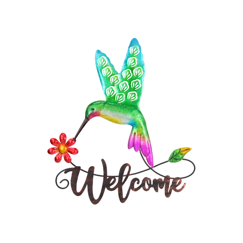 37cm Bird Welcome Metal Wall Art Sign Rainbow Hummingbird 1pce
