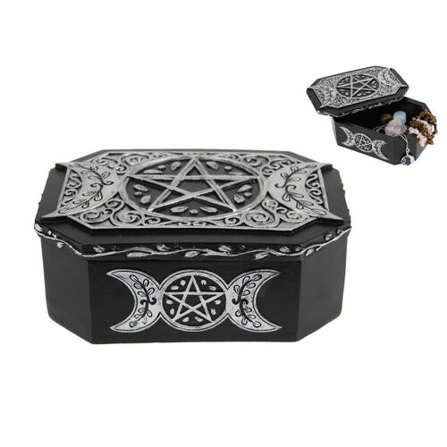 18cm Triple Moon Carved Wooden Jewellery / Trinket Box Gothic Mystical