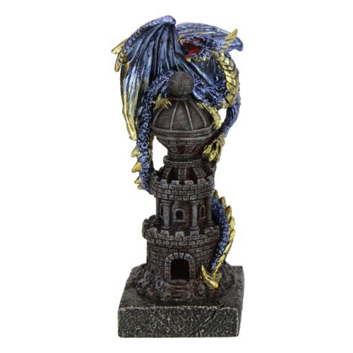 16cm Blue Dragon Sitting on Tower - Fantasy Resin Figurine Decor