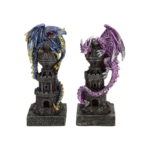 16cm Dragon Sitting on Tower Set of 2 - Blue & Purple Fantasy Figurines