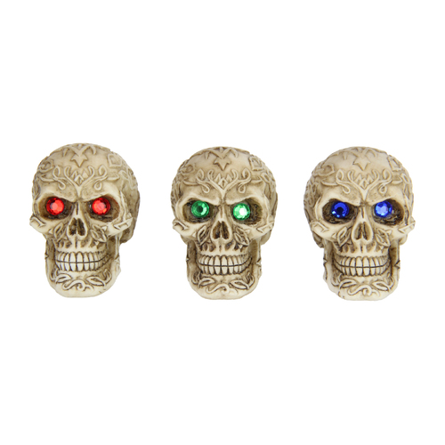 3x Gothic Skull Small Ornaments 3 Asstd Coloured Gem Eyes Resin 7cm