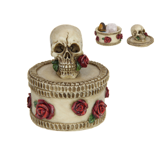 Skull Trinket Box with Red Roses 8cm Resin 1pce Gothic Theme