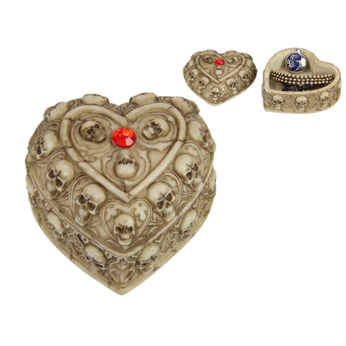 Skull Trinket Box in Heart Shape 9cm Resin 1pce Gothic Theme
