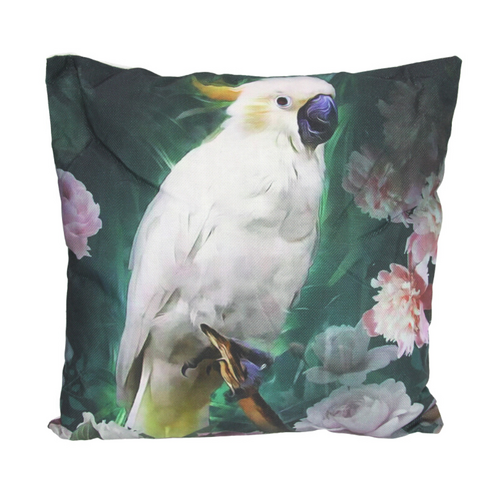 Cockatoo Cushion with Insert, Features Zip 45cm x 45cm Floral Tropical Bird Design
