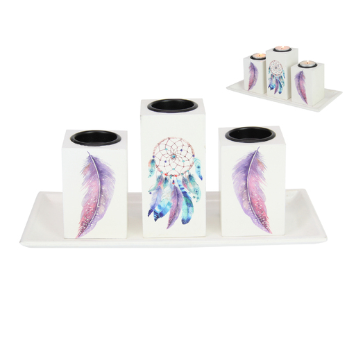 Candle Holder Plate Display + Tealights, 28cm Dream Catcher Design 3pce in Gift Box