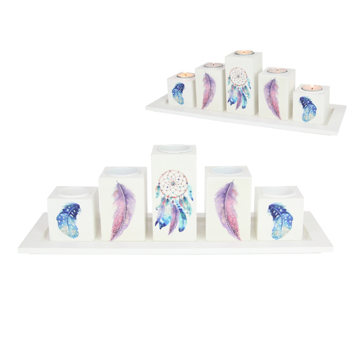 Candle Holder Plate Display + Tealights, 40cm Dream Catcher Design 5pce in Gift Box