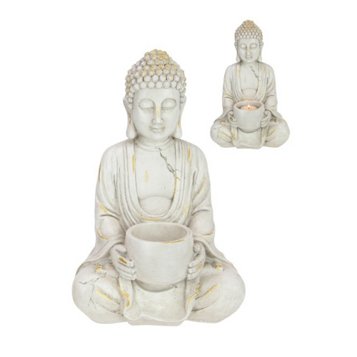 Rulai Buddha Statue Holding Bowl in Cream White & Gold 30cm Meditating Ornament