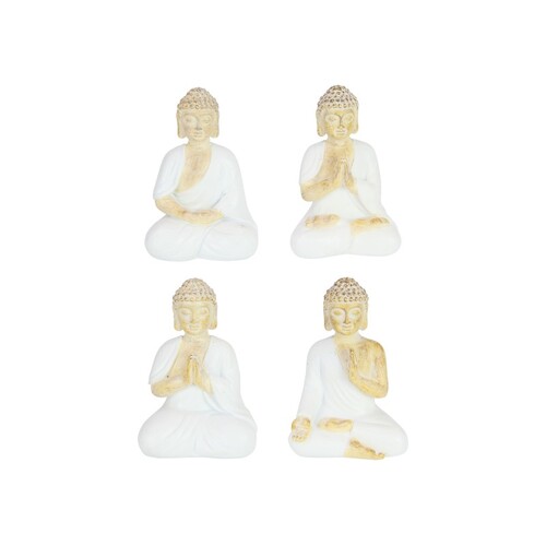 4x Beige Rulai Buddha Figurines in White Robes 9cm Small Set Mini Ornaments