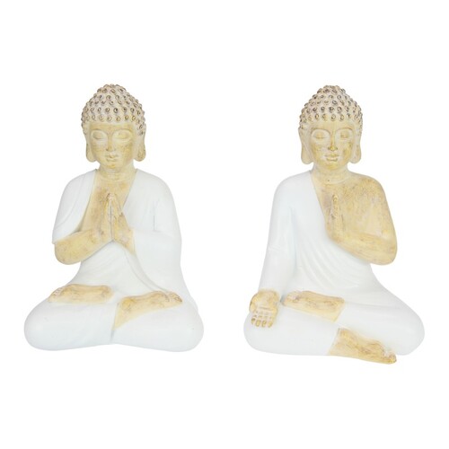 Pair of Beige Rulai Buddha Statues in White Robes 20cm Meditating Set