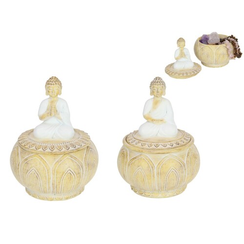 Pair of Beige Rulai Buddha Trinket Box Bowls 14cm, White Robed Figurines