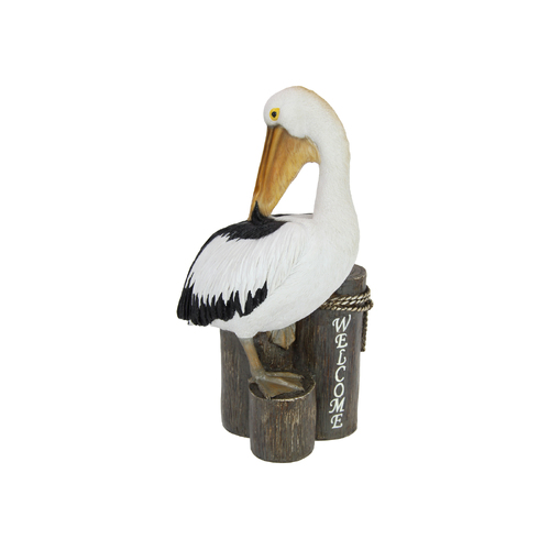 Pelican Welcome Statue on Triple Logs 34cm Polyresin Nautical Ornament