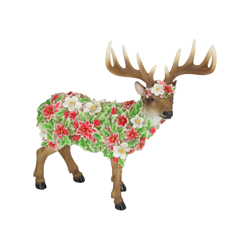 Standing Deering Statue in Green & Red Floral Design Outdoor Garden Resin 35cm