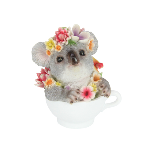 Baby Koala Teacup Ornament in Colourful Floral Design Outdoor & Garden Resin 15cm
