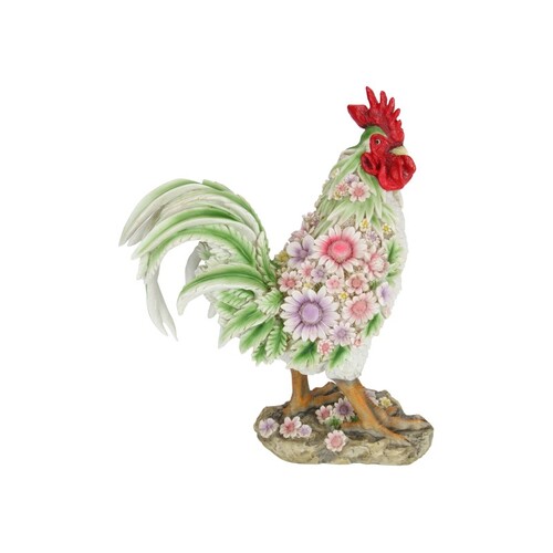 Standing Rooster Statue in Colourful Floral Design Outdoor & Garden Resin 38cm