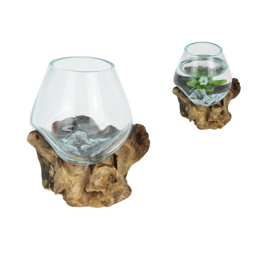 13x8x12cm Hand-Blown Glass Vase on Driftwood Unique Natural Home Decor