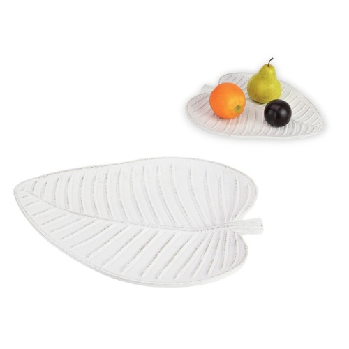 31cm White Wash Leaf Decor Plate - MDF Coastal Style Accent