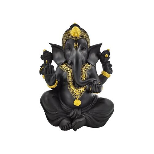 36cm Sitting Ganesh Black and Gold Resin Ornament Statue Decor