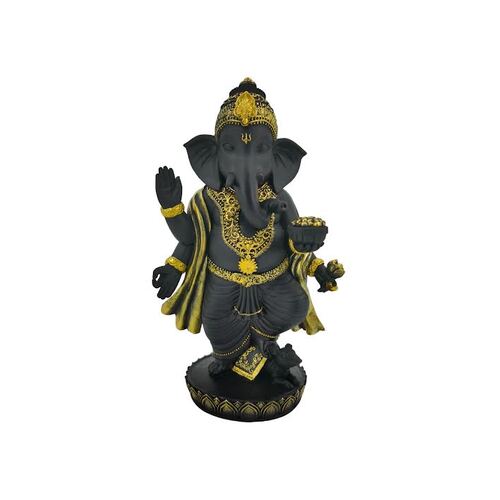 28cm Standing Ganesh Black and Gold Resin Ornament Statue Decor