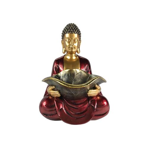 29cm Gold and Red Sitting Buddha With Bowl Resin Statue Ornament