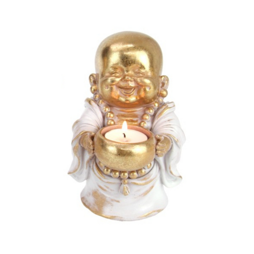 16cm Gold/Grey Happy Buddha - Tea-light Candle Holder Statue Decor