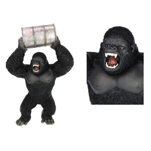 56cm Standing Gorilla Statue Holding Oil Drum - Industrial Jungle Decor Sculpture