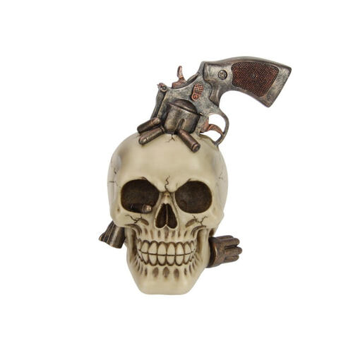 18cm Skull With Gun On Head Resin Decor Man cave Ornament Gift