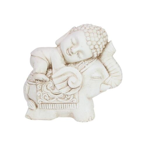 34cm Cream Buddha On Elephant Garden Ornament Resin Statue