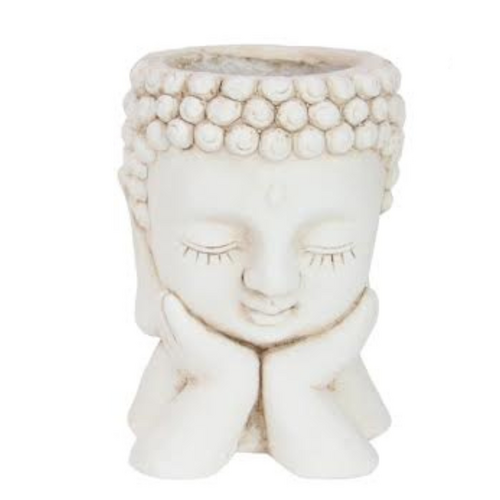 21cm Cream Hands Holding Chin Buddha Head Garden Pot Planter Resin