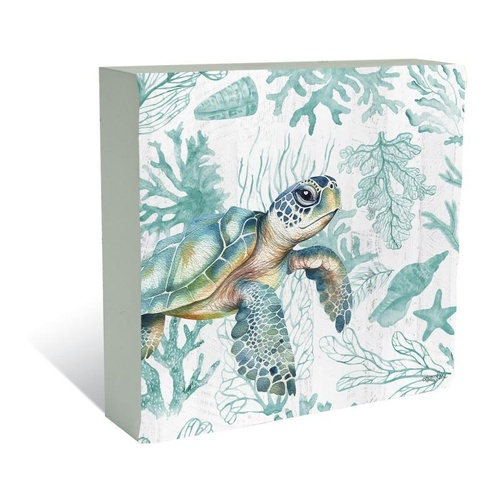 Coastal Turtle Plaque Block - 40x40cm Nautical Wall Decor
