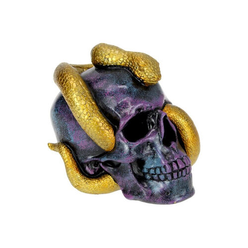18cm Blue/Purple Skull With Gold Snake On Head Resin Decor Man Cave Ornament Gift