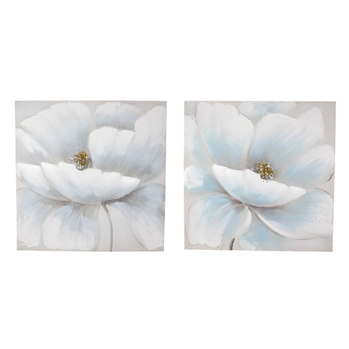 Set of 2 60cm Blue/White  Flower Oil Painting with Sequin Finish Canvas Print Wall Art