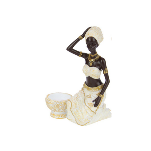 22cm Sitting African Lady with Tealight - Hand on Head Pose Tribal Candle Holder Decor