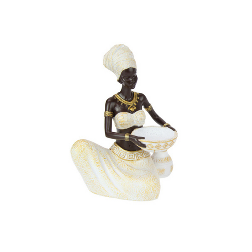 22cm Sitting African Lady with Tealight - Holding Pot Pose, Tribal Candle Holder Decor