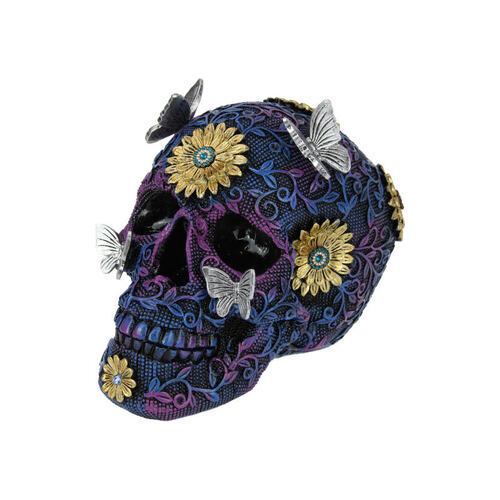 20cm Skull Metallic Butterfly Floral Design Resin Decor Man cave Ornament Gift