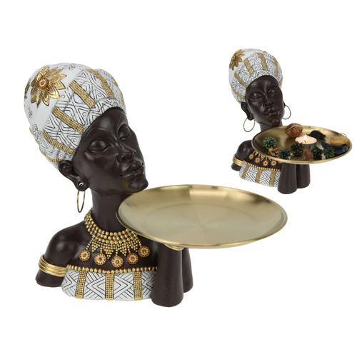 26cm African Lady Bust with Gold Tray - Elegant African Home Decor