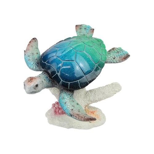 37cm Blue-Green Marble Turtle on Coral,  Stunning Coastal Decor Piece