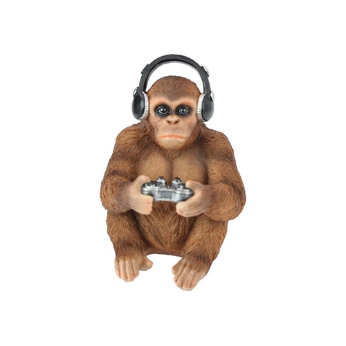 18cm Brown Gaming Monkey with Headphones, Cool Gamer Figurine Decor