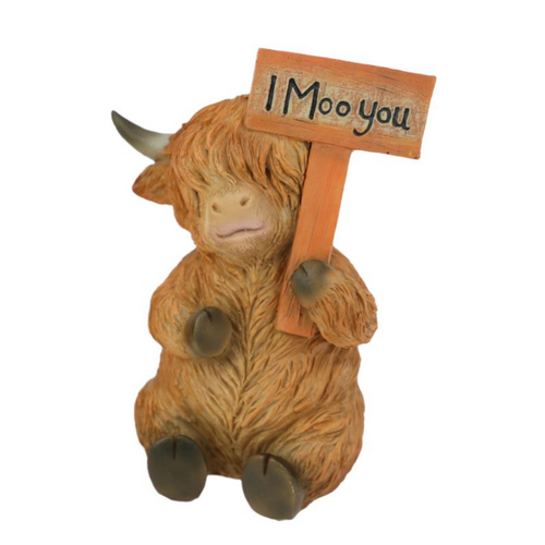 12cm Highland Cow Figurine with 'I Moo You' Sign - Cute Farm Animal Decor