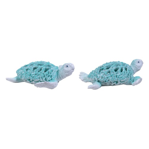 21cm Turtle Figurine with Aqua Coral Design - Coastal Ocean Home Decor