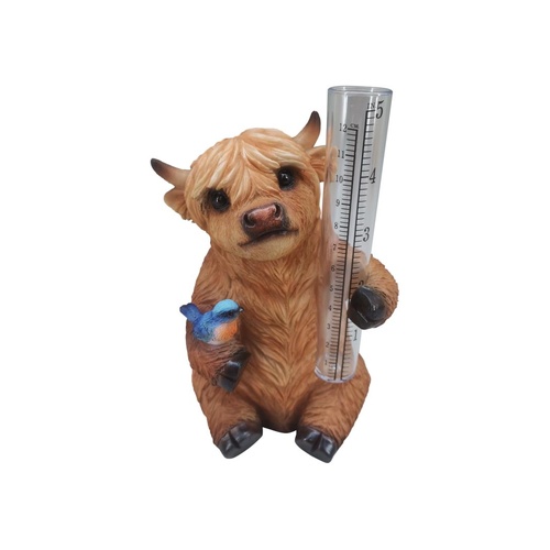 17cm Highland Cow Figurine with Rain Gauge - Cute Farm Garden Decor