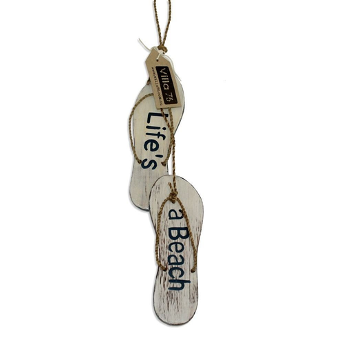 45cm Nest of 2 Thongs in White and Blue Wash, with Life a Beach wording