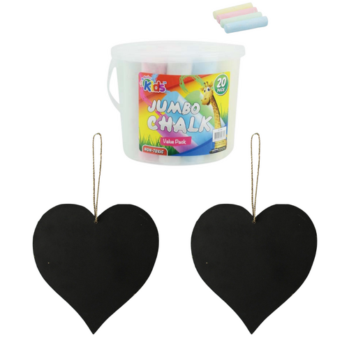 Blackboard Set 22cm Wooden Heart + 20pce Chalk Hanging Sign, Notice Boards Shops