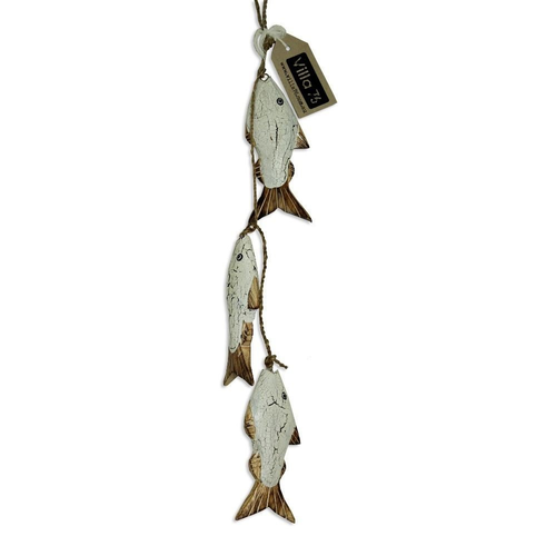 55cm Wooden Hanging  Wooden Fish Brown/White Crackle Nest of 3 Hand Carved Beach Theme