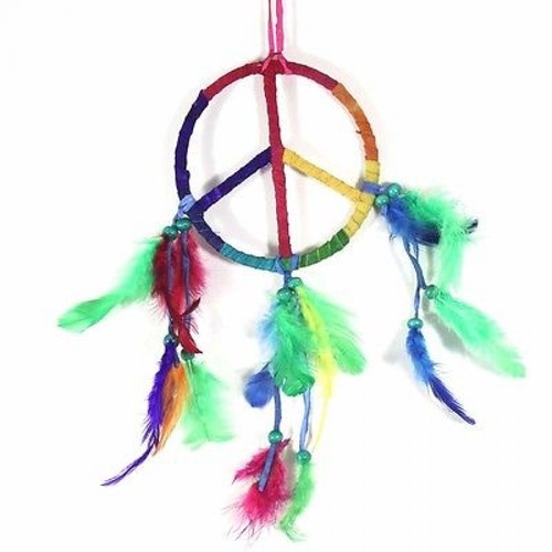 Dream Catcher 12cm Leather Rainbow Peace Symbol Design with Feathers 1pce